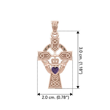 Celtic Cross and Irish Claddagh Rose Gold Pendant with Heart Gemstone UPD5340 - Jewelry